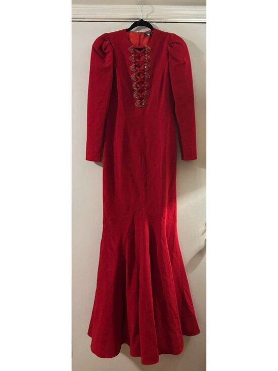 NWT $4450 Andrew GN Lace Up Crystal Embellished Crepe Gown Red Size 6 - Picture 5 of 8